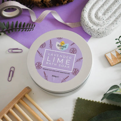 Lavender Lime Bath Soak | Natural Mineral Bath Salts Tin | 300G