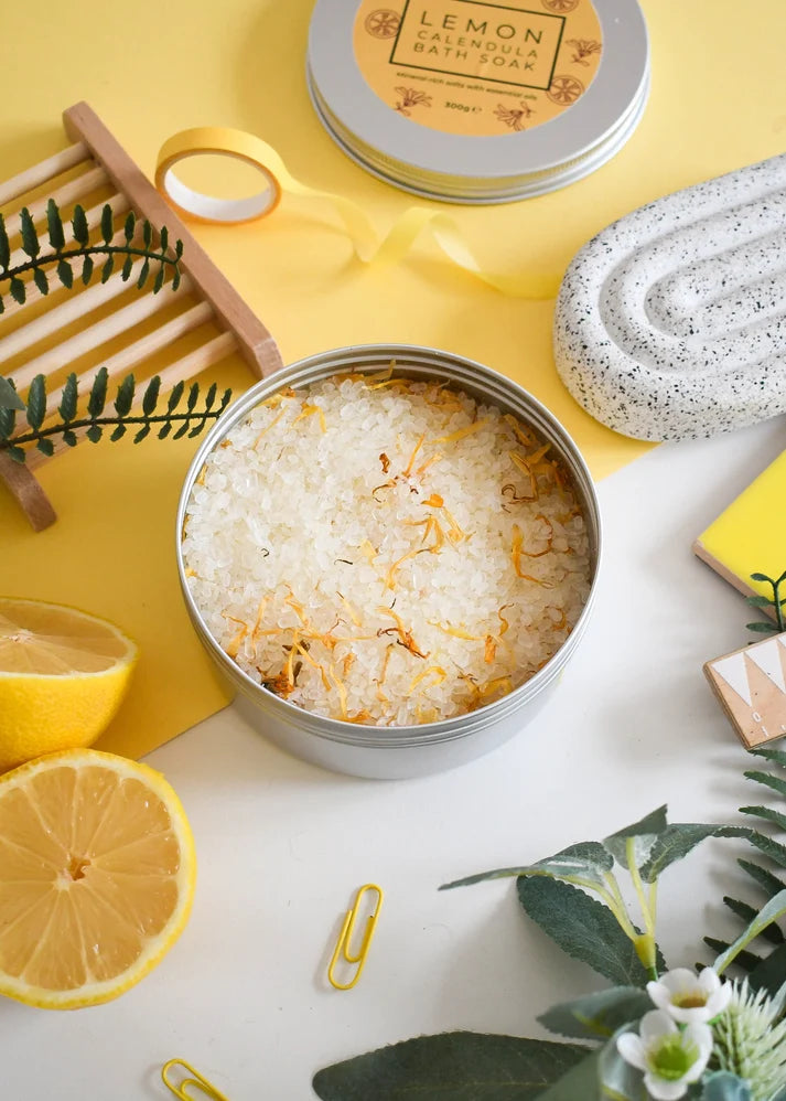 Lemon Calendula Bath Soak | Natural Mineral Bath Salts Tin | 300G
